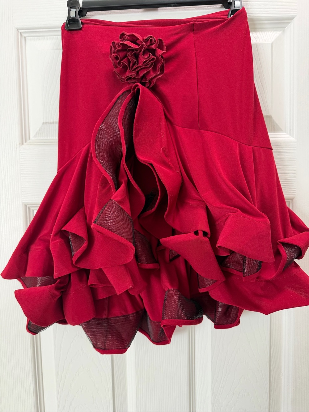 Dance and Sway Red Ruffled Women’s Skirt with Floral Detail Rumba Latin Salsa AS